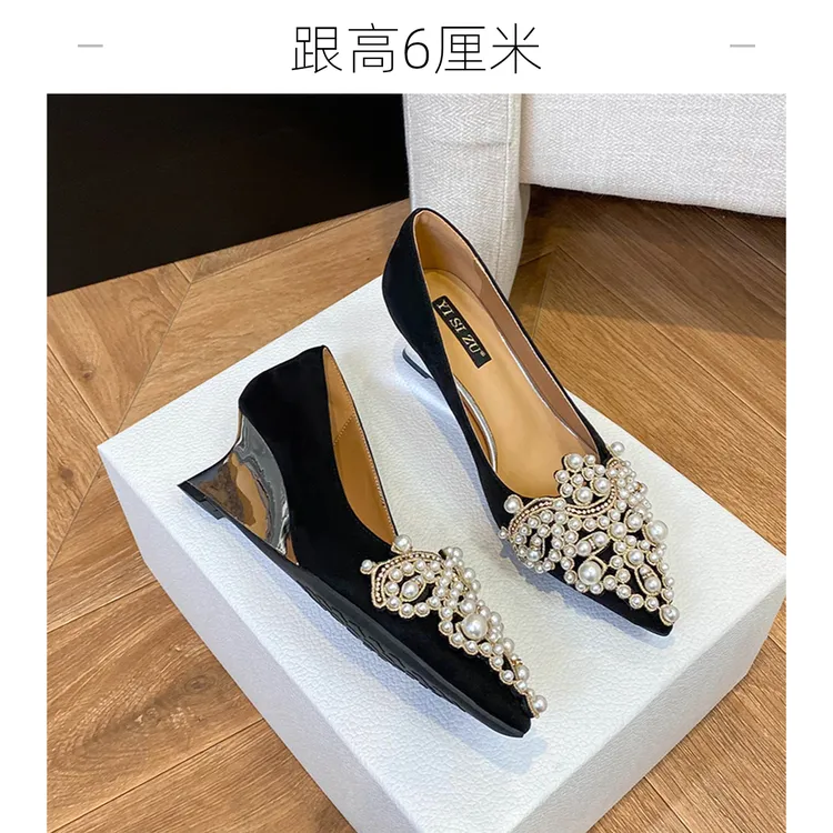 坡跟单鞋女2025春秋新款尖头黑色珍珠气质不累脚高跟鞋6厘米女鞋
