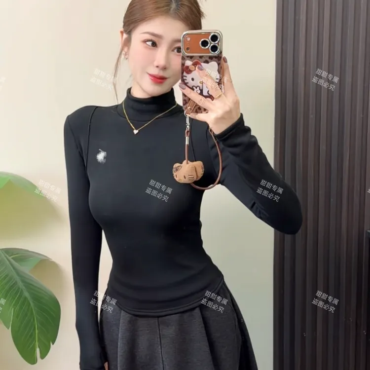 高领加绒加厚一体绒2025新款打底衫女冬修身小马刺绣保暖长袖上衣
