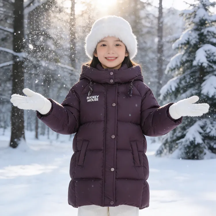 2025冬季新款女童加厚保暖白鸭绒连帽中长款外套