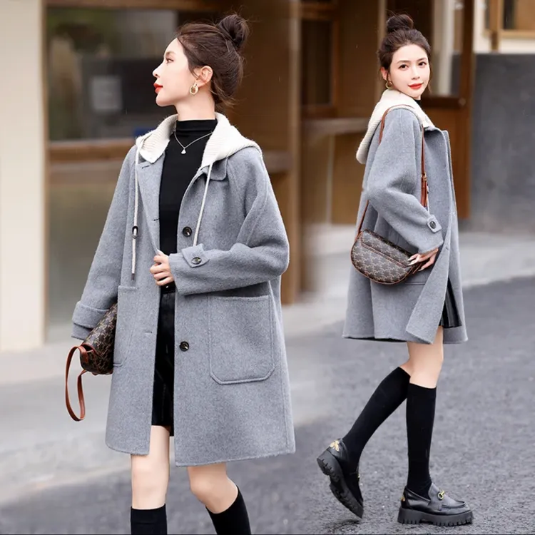 2025秋冬小个子休闲连帽双面呢大衣女中长款高级感毛呢外套宽松