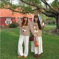 7220大码女装圆领撞色甜美慵懒风绣花小狗软糯针织衫长袖上衣