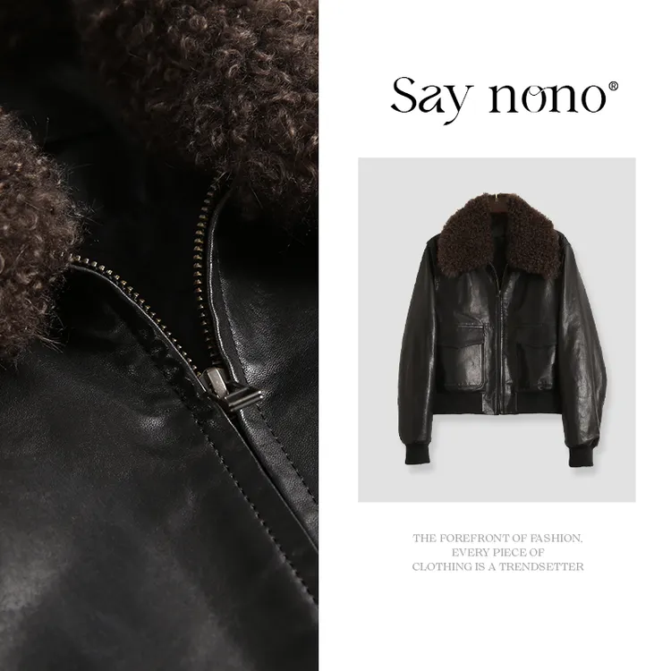 懒猫nono│Saynono 带毛领真皮羊皮皮衣外套/LQ240671