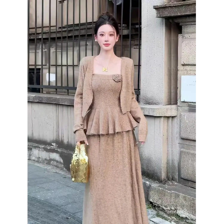 复古荷叶边吊带背心女2025秋季新款宽松休闲针织开衫半身裙三件套