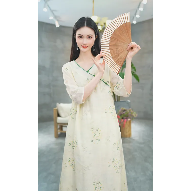 赠李白【幸花溪月】100支苎麻大摆裙原创设计旗袍宽松夫人旗袍6702