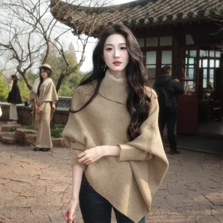 慵懒高领蝙蝠袖毛衣女秋冬2025新款韩味气质穿搭不规则针织衫上衣