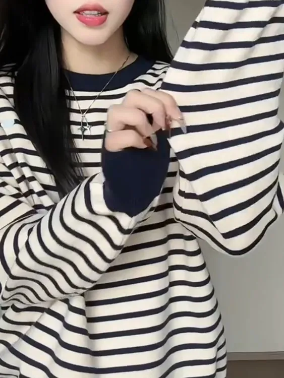 条纹圆领卫衣女小个子秋冬季加绒美式复古慵懒风无帽宽松长袖上衣