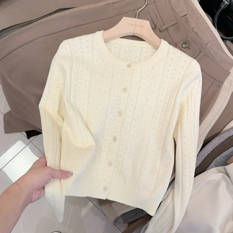 重工复古提花镂空短袖针织衫2025早秋女简约休闲纯色毛衣H8-68