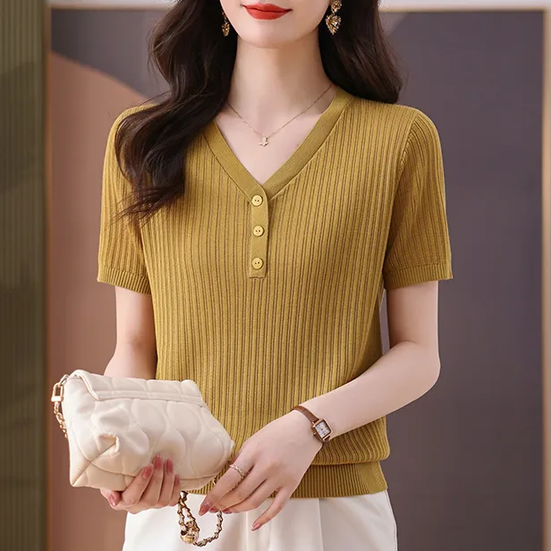 618莱赛尔天丝洋气短袖开衫款V领针织衫夏季设计感薄款时尚女装