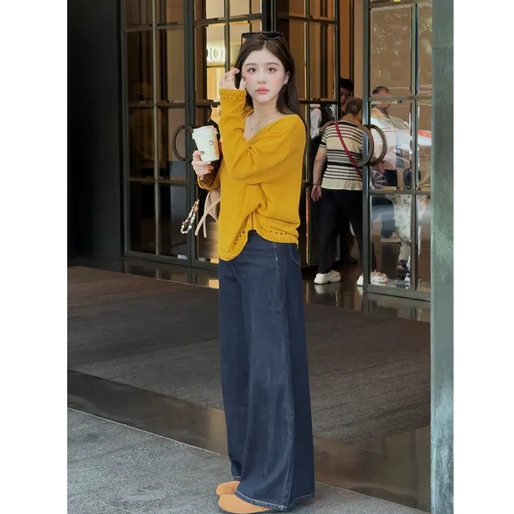 YPP！【超A廓形】小众无腰头深蓝显高显瘦牛仔直筒裤复古风