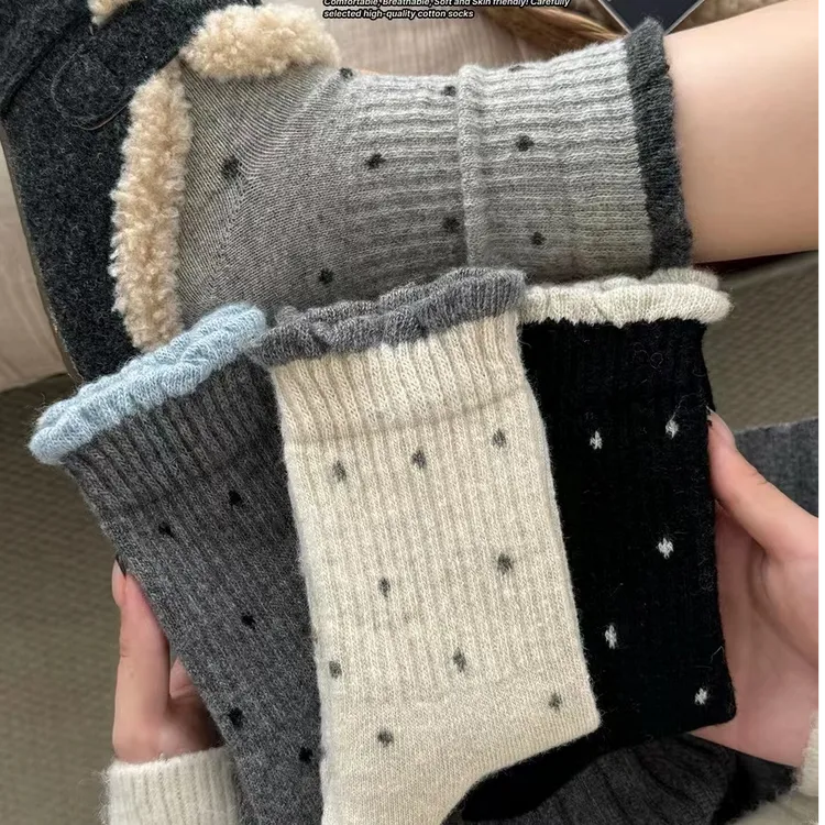 秋冬季新款加厚花边中筒袜复古波点灰色冬季长袜