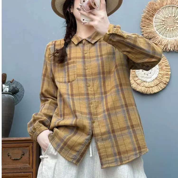 2025春季秋款棉纱格纹衬衫女休闲百搭柔软上衣8617