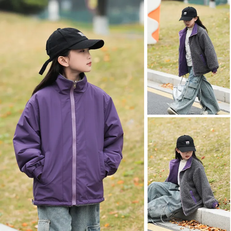 立领女童羊羔绒普通外套保暖秋季时尚加厚纯色加绒中大童冬季