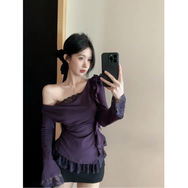 纯欲风蕾丝荡领长袖T恤设计感假两件打底衫上衣百搭黑色半身裙