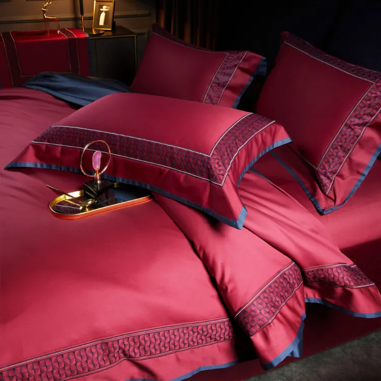 高档红色简约轻奢婚庆床品婚庆床上用品四件套纯色纯棉结婚四件套