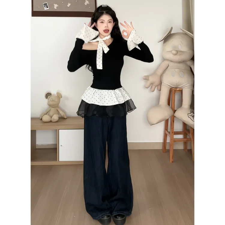 荷叶边网纱拼接波点长袖t恤女春季辣妹纯欲斜领露肩修身短款上衣