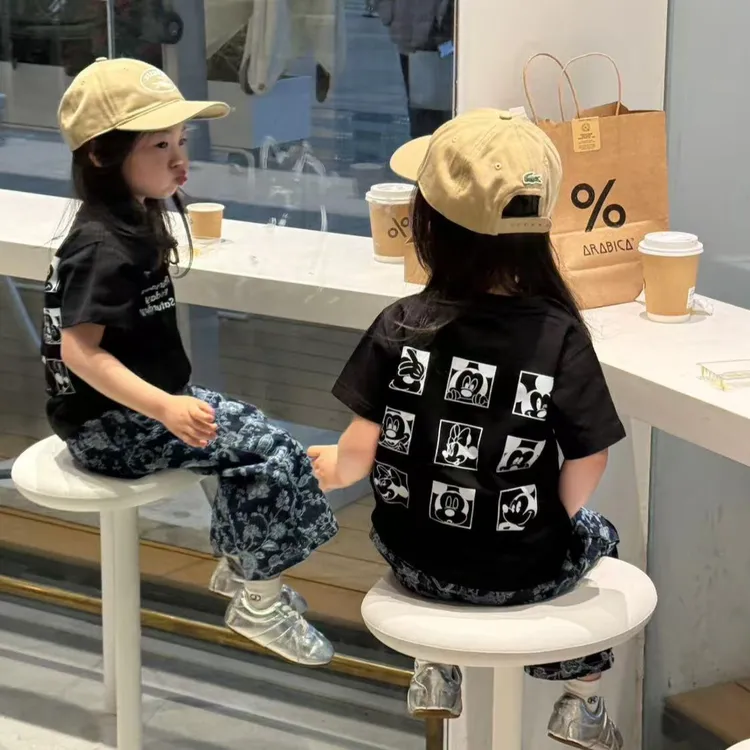 小惜亦夏季韩版童装黑色圆领字母短袖中国风印花阔腿裤女童套装