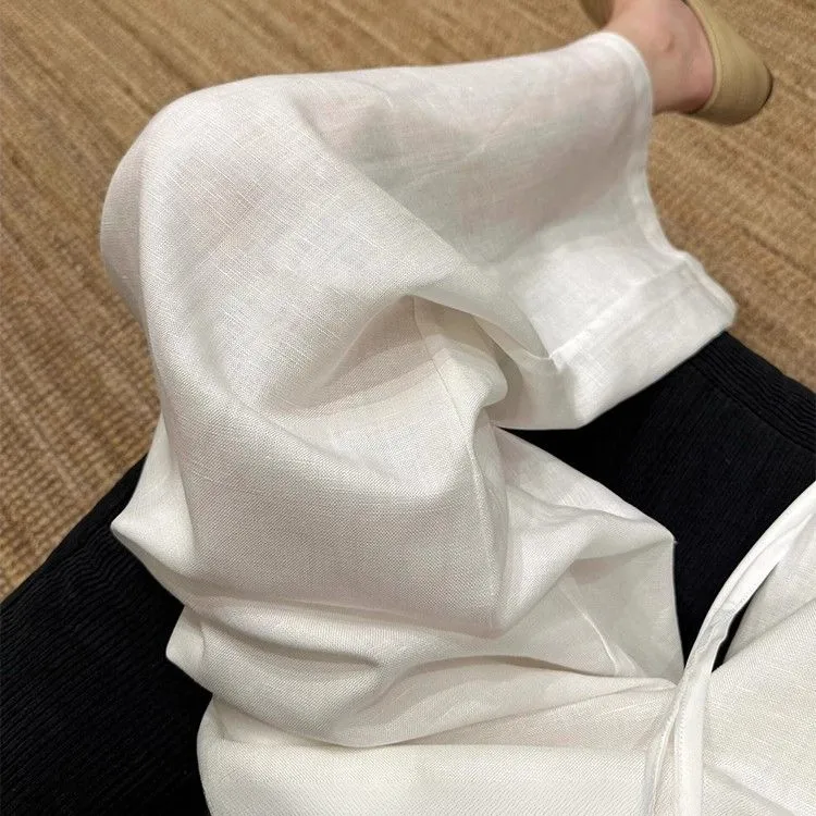 白色抽绳系带亚麻阔腿裤女夏季新款慵懒风舒适百搭休闲宽松直筒裤