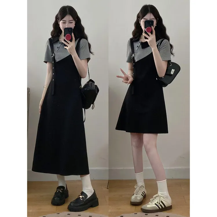 大码女装胖mm新款翻领假两件设计感收腰显瘦连衣裙