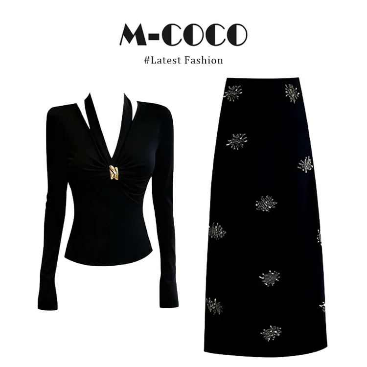 MARIE.COCO御姐辣妹风黑色V领褶皱长袖T恤秋冬烫钻包臀半身裙套装