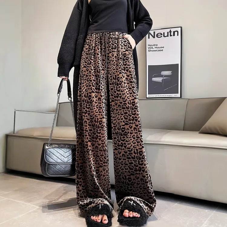 金丝绒豹纹阔腿裤女秋冬2025高腰显瘦垂感拖地裤宽松休闲直筒裤
