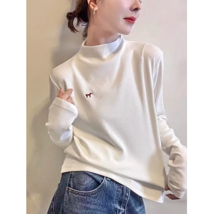 欧洲站刺绣加绒长袖T恤女打底衫2025新款秋冬半高领磨毛内搭上衣