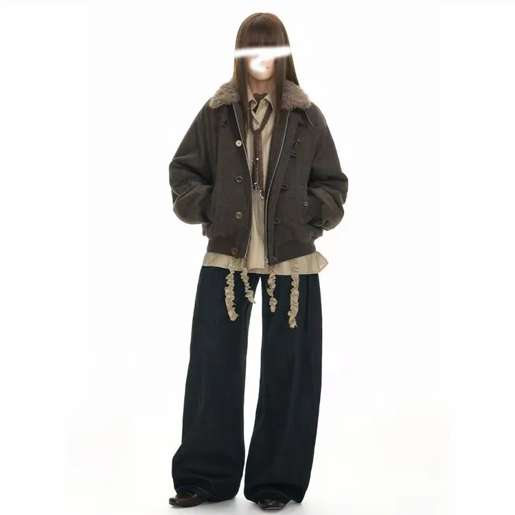 清！羊毛翻领厚外套女生冬季加绒保暖棉衣男美式复古休闲