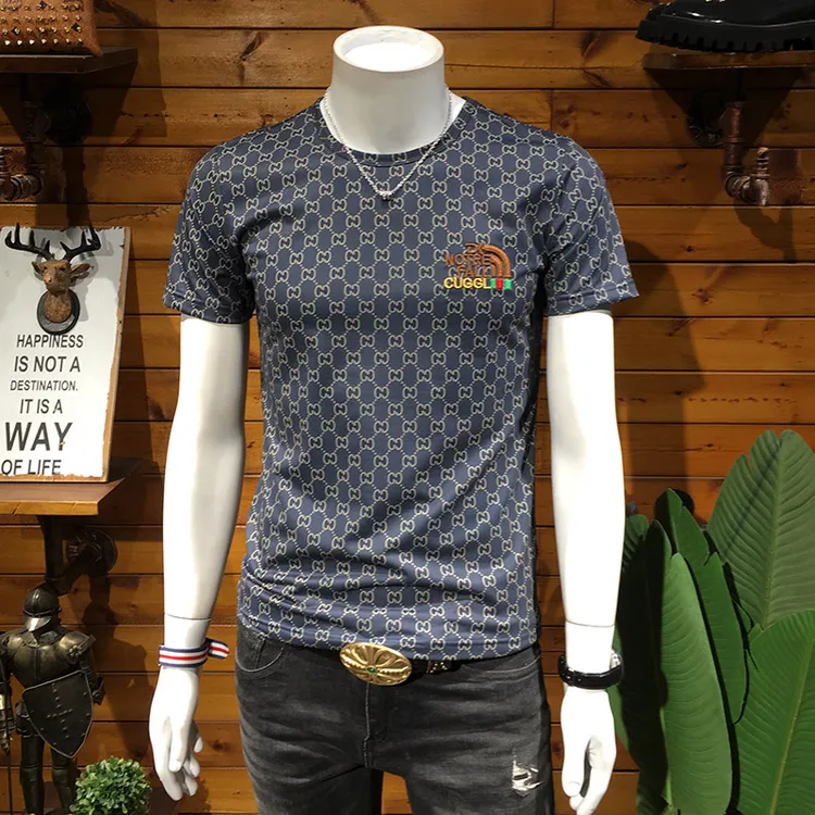 肯梅灵列欧货刺绣印花短袖夏季薄款冰丝透气圆领修身大码半袖T恤