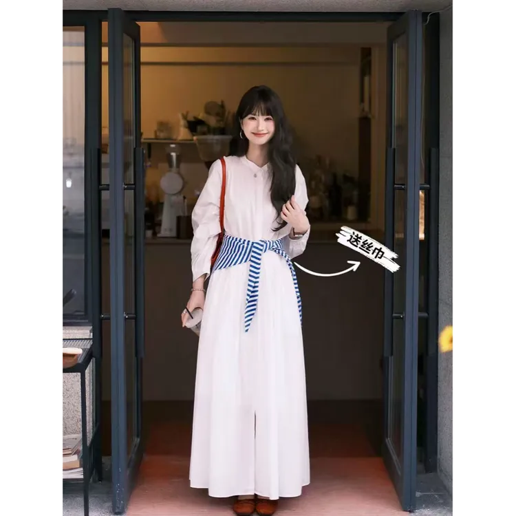 法式白色长袖衬衫连衣裙子女2025早秋气质高级感宽松显瘦长裙