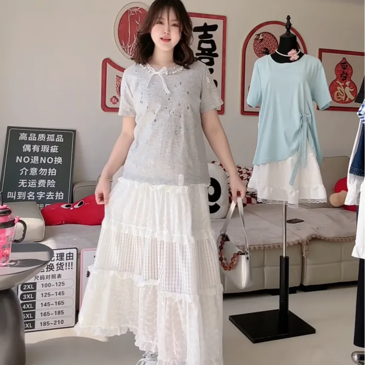 夏季新款大码法式蝴蝶结t恤女立体钉珠圆领短袖甜妹收腰褶皱短款