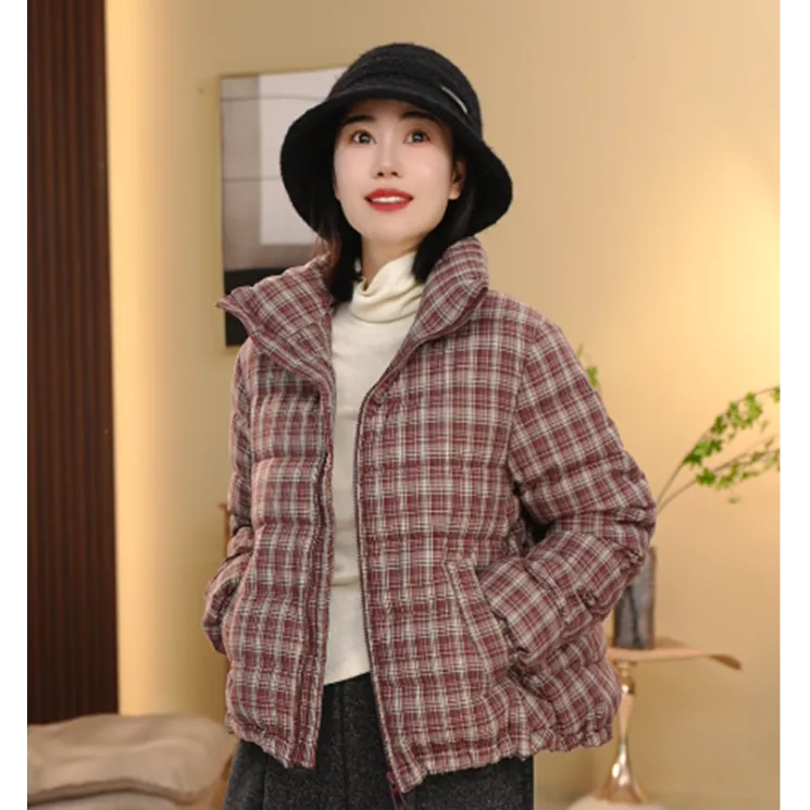 BEIJU 2025休闲立领格子羽绒服短款宽松显瘦90白鸭绒保暖外套7920