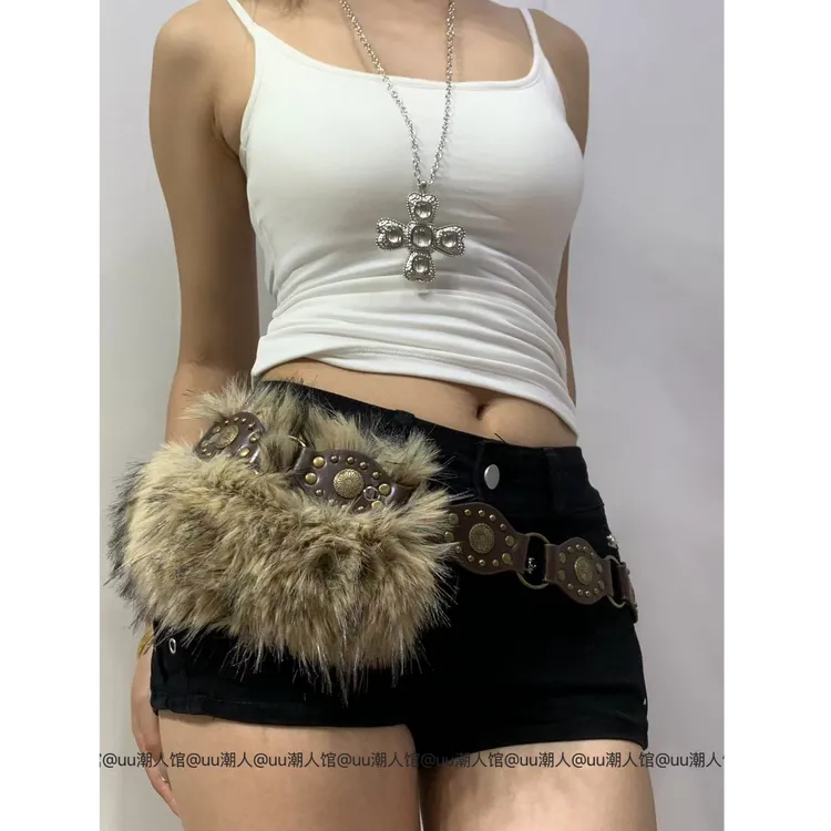 复古美式亚文化朋克风个性y2k毛毛拼接腰带女辣妹皮草配饰皮带潮