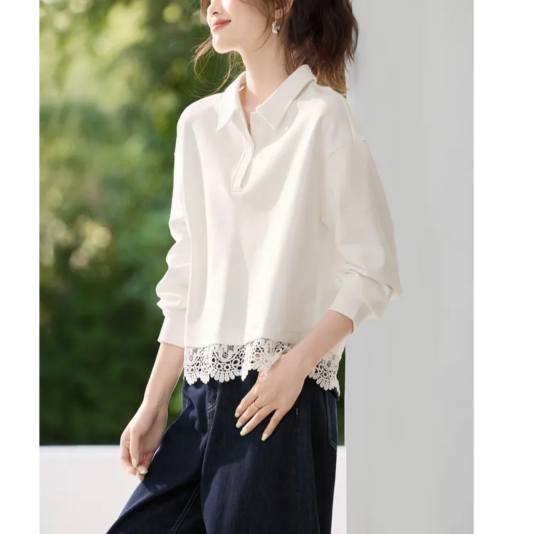 高品质翻领卫衣春秋冬新款蕾丝拼接百搭上衣女T恤设计感套头打底