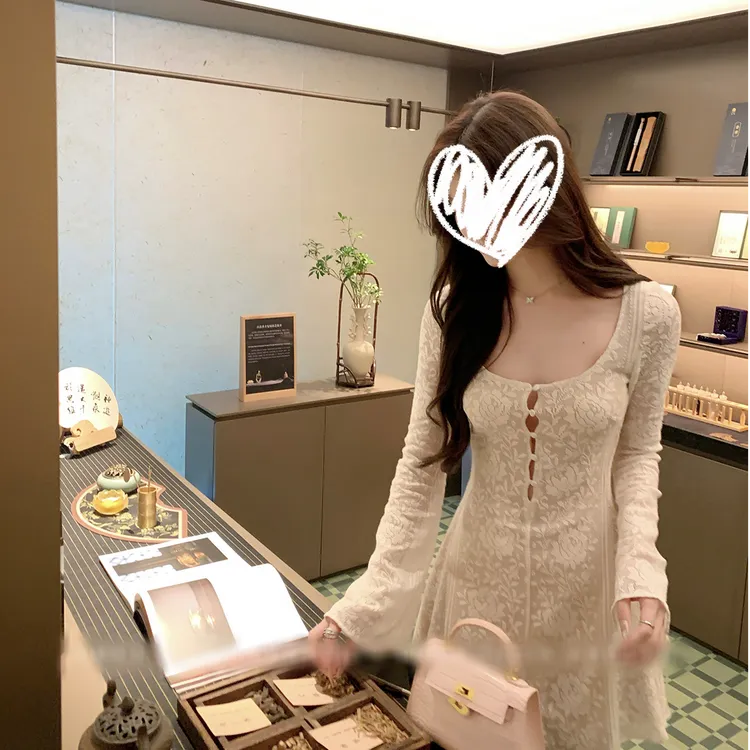 镂空设计纯欲法式长袖连衣裙女秋新款修身A字裙子长裙短裙00229