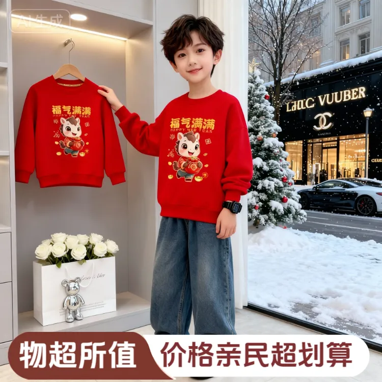 儿童红色卫衣秋冬新年拜年服12岁2026马年本命年衣服男女童