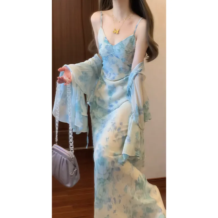 【青花】法式温柔贵气女人蓝色碎花吊带连衣裙&防晒空调开衫9232