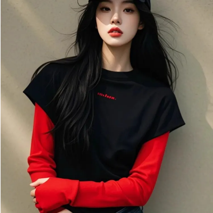 德绒打底衫内搭可外穿辣妹上衣高级感黑红假两件长袖t恤女秋冬季
