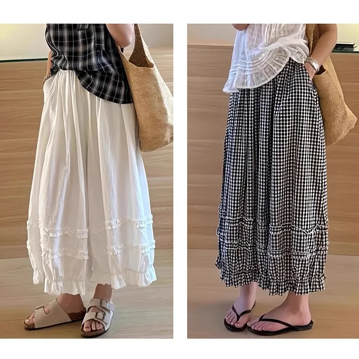 韩系ing风新款！慵懒风甜美格子大阔腿梨形显瘦九分休闲灯笼裤T