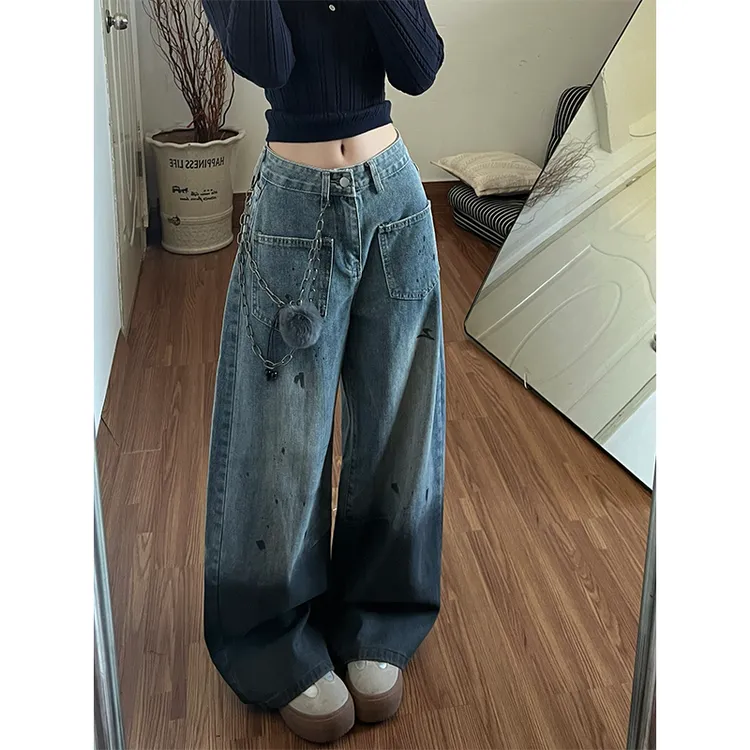 美式泼墨水洗做旧弯刀牛仔裤女2025秋冬季新款宽松显瘦直筒阔腿裤