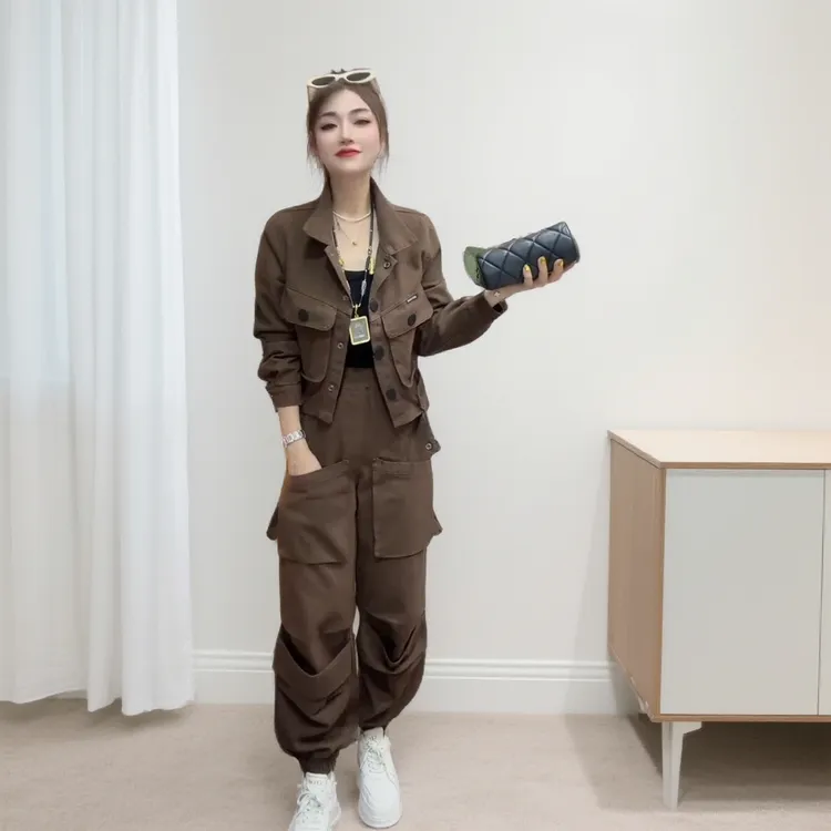 欧货工装风牛仔套装女2025秋季新款洋气长袖短外套束脚裤两件套潮
