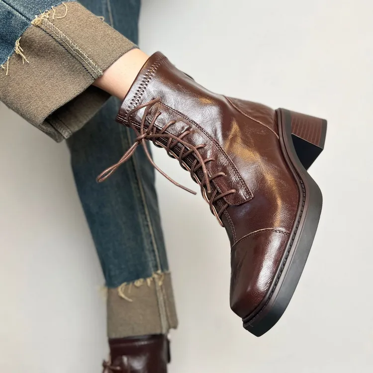 牛皮版~系带高跟马丁靴增高7Cm冬天瘦瘦靴子英伦风酷飒软面短靴女