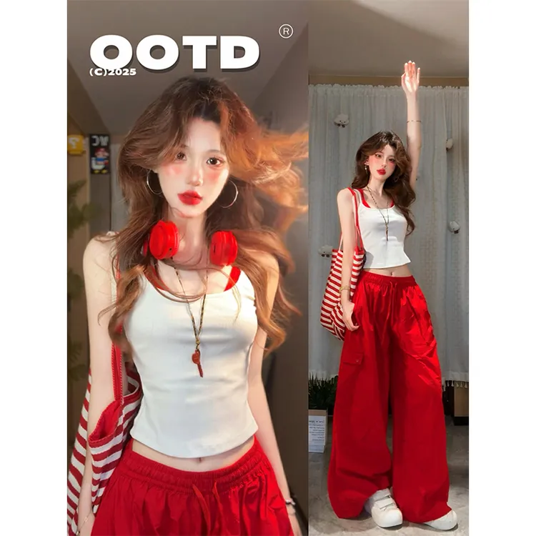 纯欲网红洋气炸街夏季性感辣妹假两件背心吊带高腰休闲直筒阔腿裤