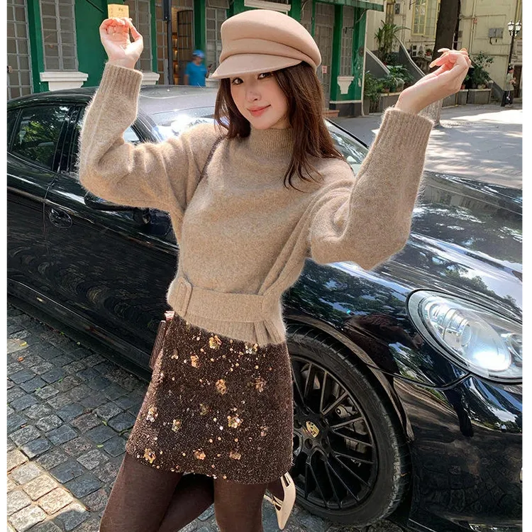 慵懒风时尚套装女装冬季长袖宽松遮肚毛衣搭配半身裙两件套26425