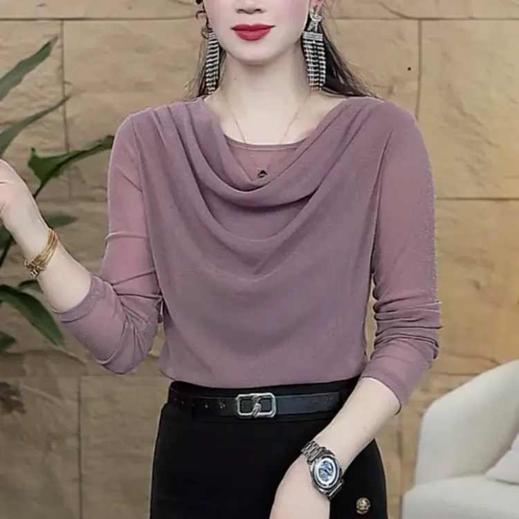 春季新款时尚百搭纯色堆堆领修身长袖T恤显瘦网纱弹力打底衫女