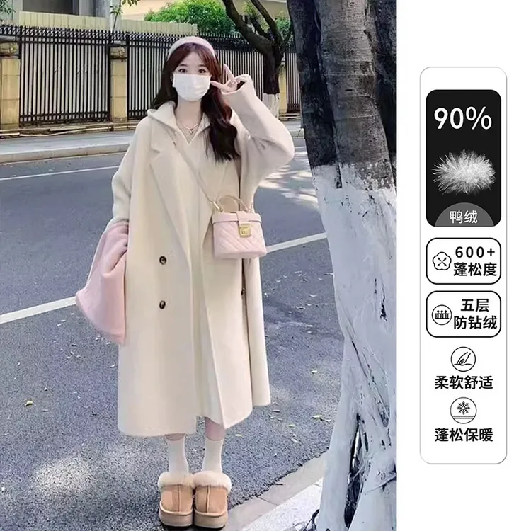 羽绒呢子大衣冬季新款小个子中长款宽松气质网红赫本风毛呢外套女