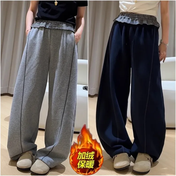 女童秋冬新款加绒运动裤洋气女宝宝宽松休闲格子时尚卫裤