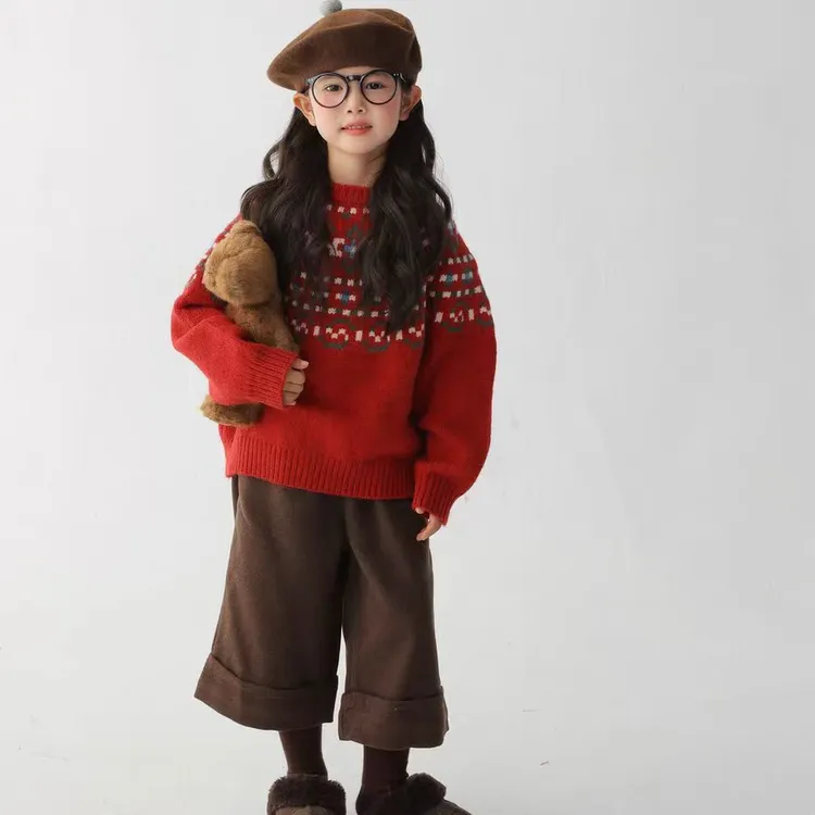 童装新款女童毛衣红色冬季厚款长袖圆领套头针织衫费尔岛风洋气