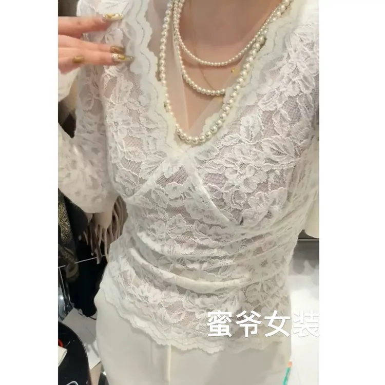 【蜜爷家】法式V领加绒加厚蕾丝上衣186#