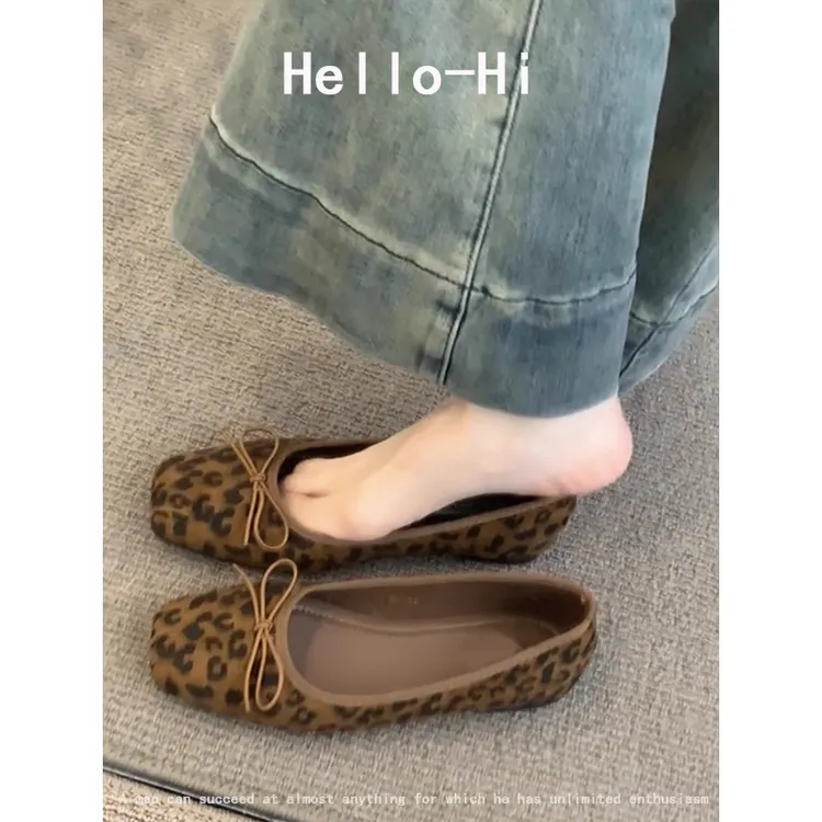 豹纹法式蝴蝶结浅口2025一脚蹬小单鞋方头复古百搭瓢鞋豆豆鞋女款