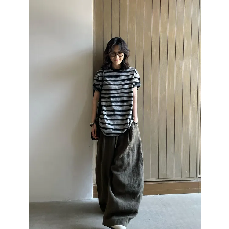 夏秋慵懒风松弛感撞色条纹休闲圆领短袖日系运动工装阔腿裤两件套