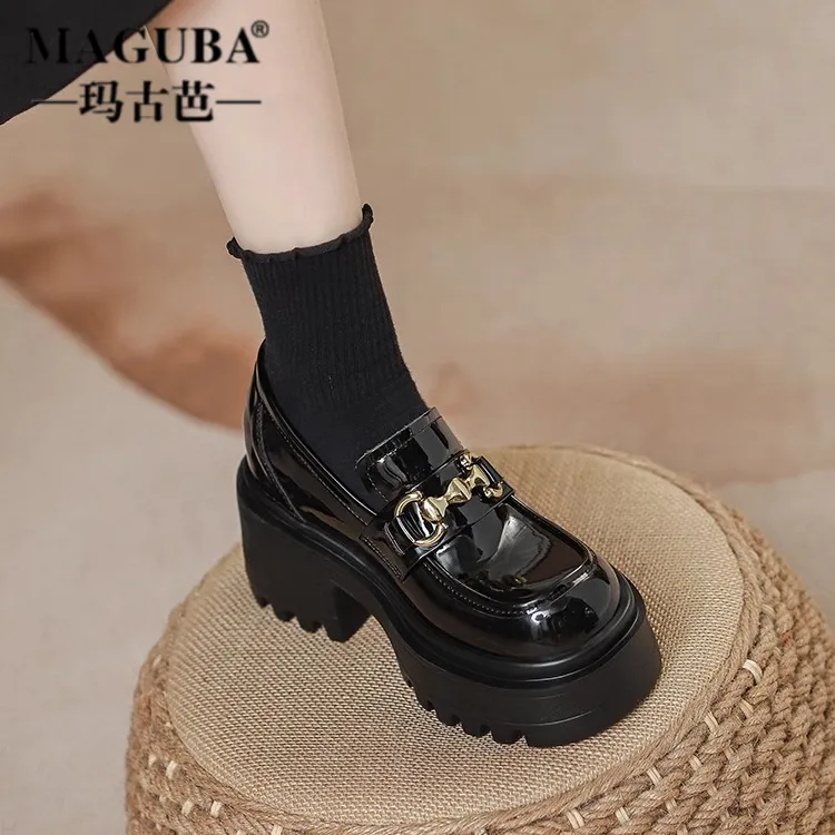 MAGUBA/玛古芭 厚底乐福鞋女士新款百搭内增高英伦风黑色小个子